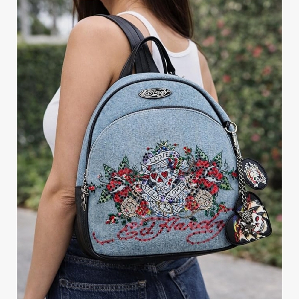Ed Hardy Light Denim Embroidered Floral Heart Backpack